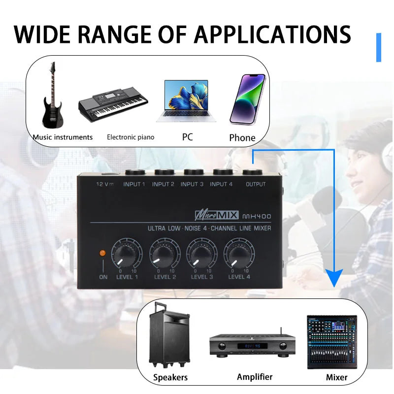 MX400 Mini 4-Channel Audio Mixer Ultra Compact Sound Low Noise With Power Adapter DJ Karaoke Audio Mixer Headphone Amplifier ﻿