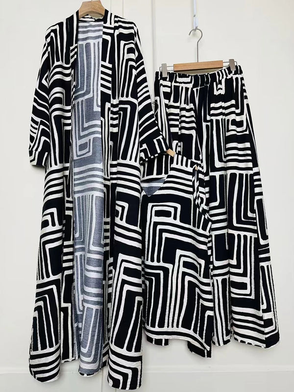 Design retro positioning printed long cardigan+vest three piece set for spring women's clothing+loose pants skirt fashion set
