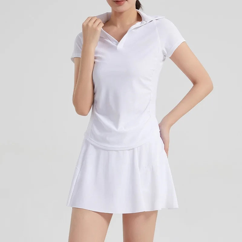 Women's Mesh Sport Set 2 Piece Short Sleeve Top with Skirt Summer Yoga Outfits Plus Size Quick Dry Breathable Tennis Badminton