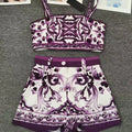 Designer retro geometric print sexy tube top suspender two-piece 2026 summer women's dress+straight short fashion suit