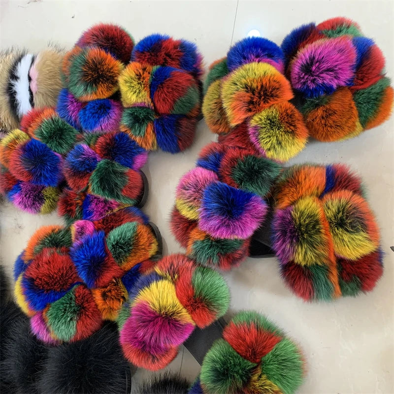 Fur Slides Factory Supply Mixed Color Pom Pom Six Balls Fox Fur Multi-Color Fluffy Fur Slippers For Women