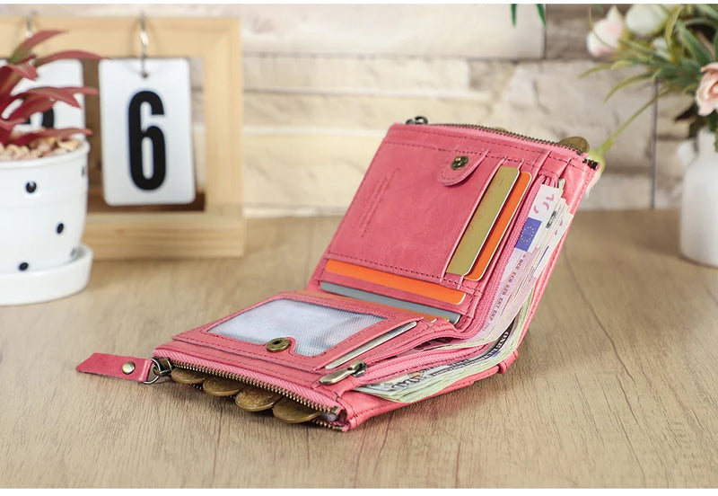 CONTACT'S Fashion Genuine Leather Women Wallet Bifold Card Holder Coin Purse Small Women's Purse Money Clip Men Pocket Wallets