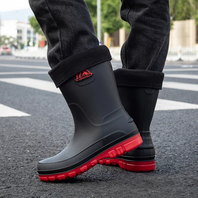 High tube rain shoes for men  high tube rain 2025 boots  autumn and winter cotton car wash work rubber shoes