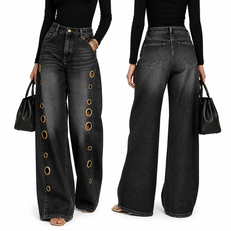 Women High Waist Wide Leg Jeans, Side Cutout Eyelet Rivet Denim Pants Loose Fit Hollow Out Flared Trousers Streetwear Fashion Baggy Jeans with Pockets
