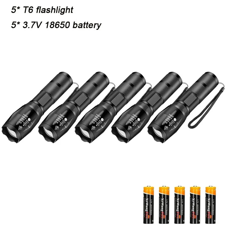 High Power T6 LED Flashlights Camping Torch 5 Light Modes Zoom Light Aluminum Alloys Waterproof Material External 18650 Battery