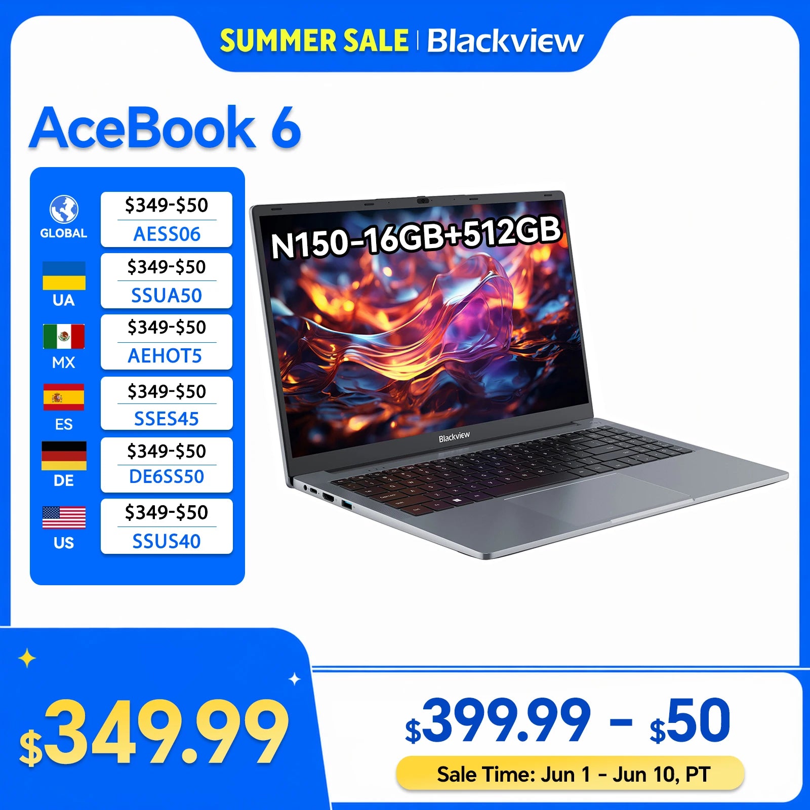 Blackview Laptop AceBook 6, Laptops Computer for Business Student, Quad-Core N150,16GB DDR4 512GB SSD, 15.6” FHD IPS Screen