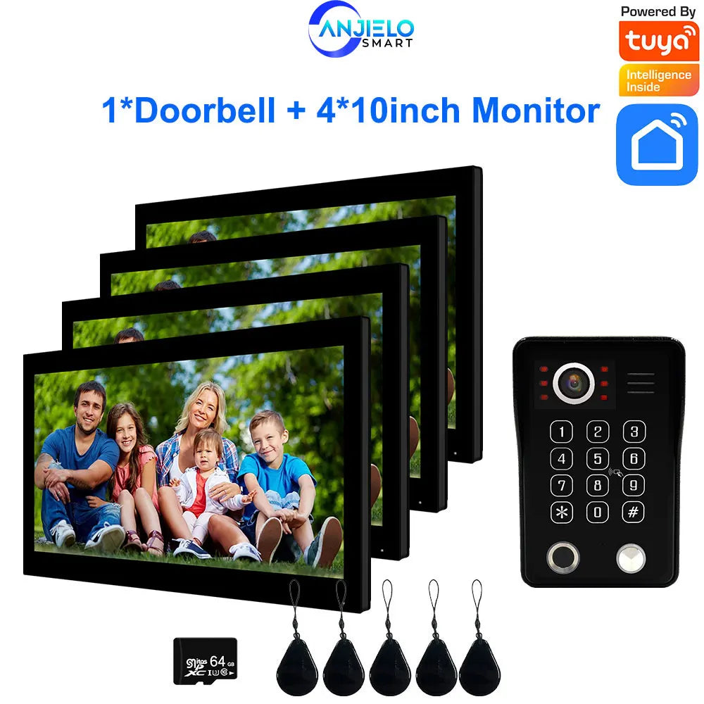 Anjielo Fingerprint 5in1 Unlock Doorbell Video Intercom for Home 10inch Touch Screen 1080P Tuya Smart Video Doorphone 4 Monitor