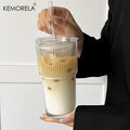 600ML Stripe Glass Coffee Cup With Lid and Without Cover Straw Transparent Drinking Glasses for Juice Iced Coffee Mugs Drinkware