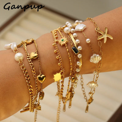 GANPUP 316L Stainless Steel Delicate Pearl Starfish Charms Bracelet For Women Texture Waterproof Wrist Chain Jewelry | SAMAG