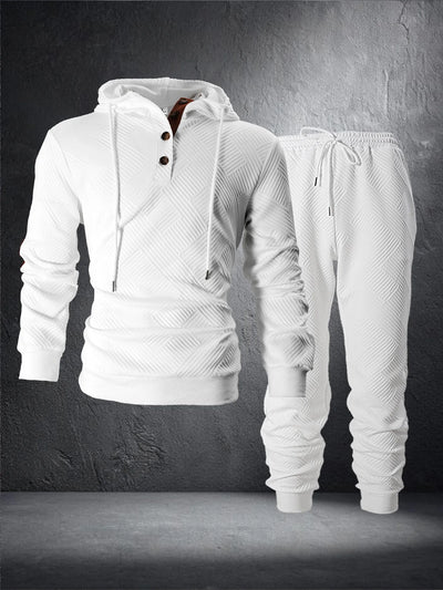 Men's Diamond Jacquard Hooded Outfits, White Half Button | SAMAG