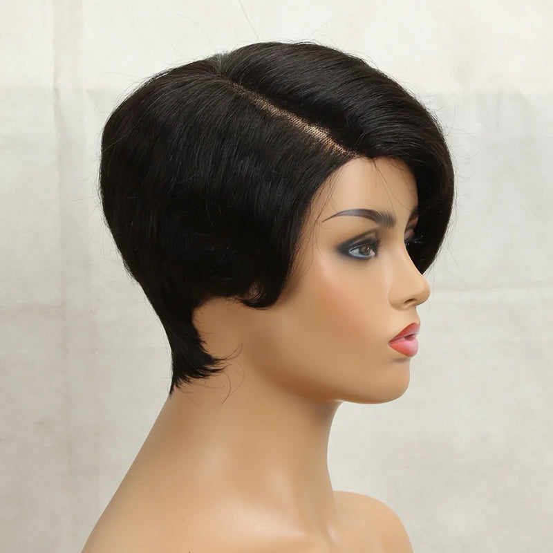 Clearance Sales Glueless Straight Pixie Cut Human Hair Wig Short Wig Right Part Lace Wigs Natural For Women 100% Human Black Wig