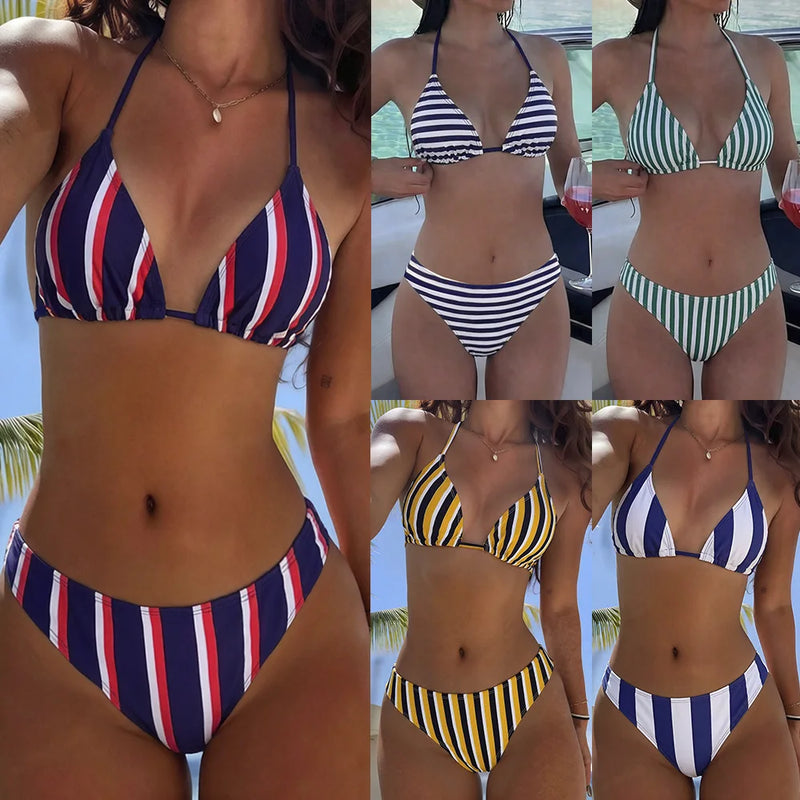 Striped Print Bikini Set Women Sexy Triangle Tie Side Two | SAMAG