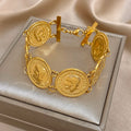 Vintage Gold Plated Stainless Steel Coins Wrist Bracelet for Women Men Classic Ethnic Cuff Bracelets Waterproof Jewelry