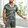 2pcs Men's Geometric Print Pajama Set Stylish Brown Short-Sleeve Shirt with Elastic Waist Shorts Comfortable Polyester Sleepwear