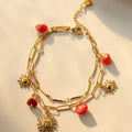 Stainless Steel Red Natural Stone Sun Pendant Double Bracelet Simple Irregular Chain Gold Women Jewelry Birthday Gift