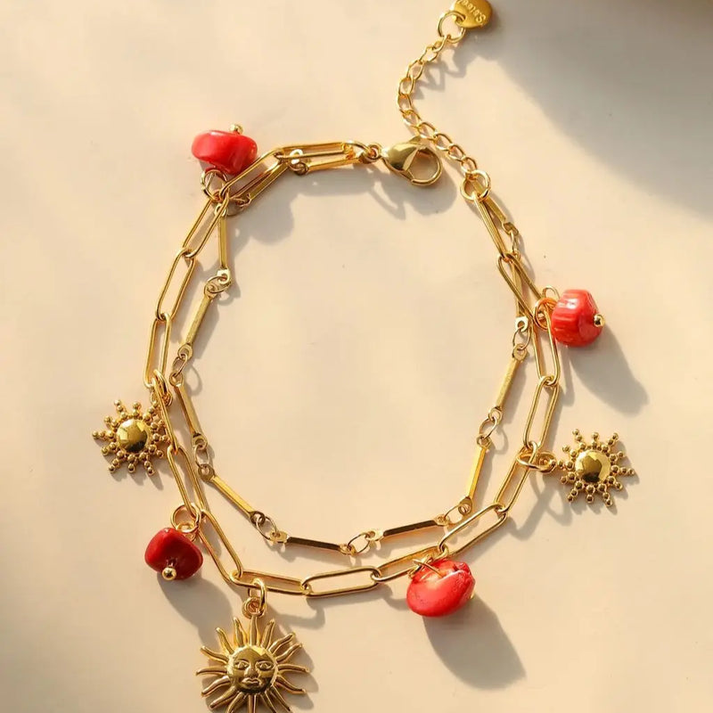 Stainless Steel Red Natural Stone Sun Pendant Double Bracelet Simple Irregular Chain Gold Women Jewelry Birthday Gift