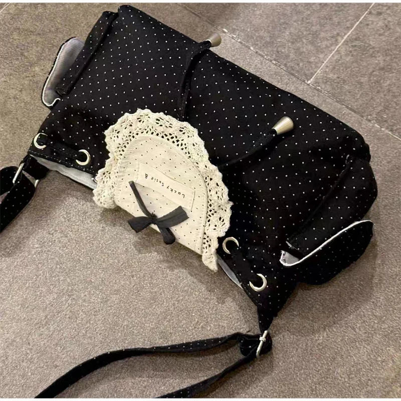Korean Lace Polka Dot Shoulder Bag Cute Drawstring Flap Crossbody Handbag Retro Sweet Vintage Messenger Purse Daily Casual Hobo