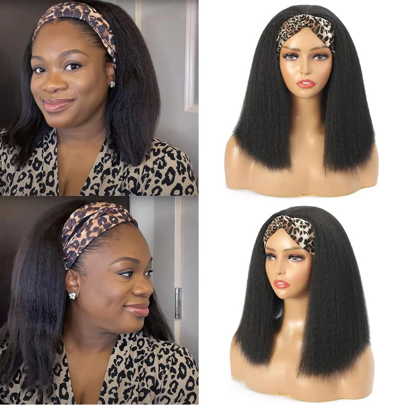 Short Bob Wig 250 Density Kinky Straight Headband Human Hair Wigs Clearance For Women Machine Made Yaki Straight Virgin Hair