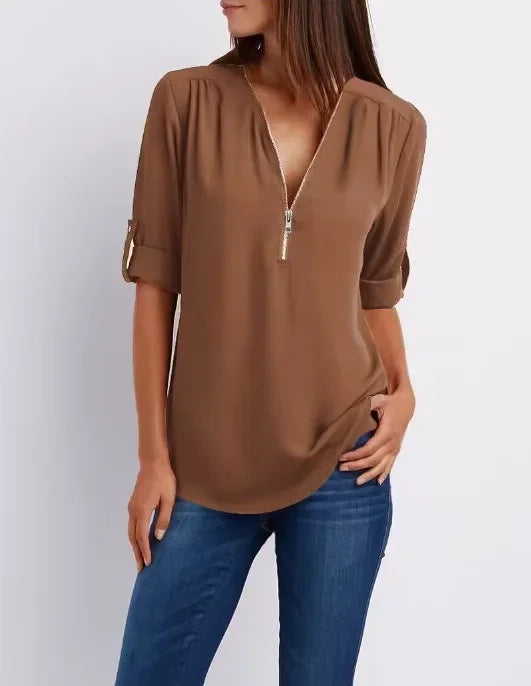 Women Cool Loose Shirt Deep V Neck Chiffon Fashion Blouse - View 3 | SAMAG