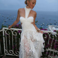 Sexy Lace Patchwork Dress Women Hollow Out Sleeveless Party Club Long Skirt See Through Halter Evening Gown Vacation Lady Robes