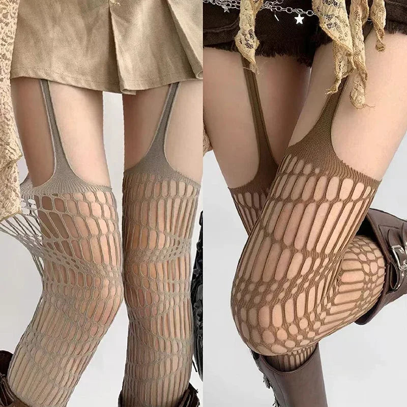 Women Sexy Lace Fishnet Stockings Hollow Out Solid Pantyhose Irregular Exposed Skin Tights Slim Suspender Pantyhose