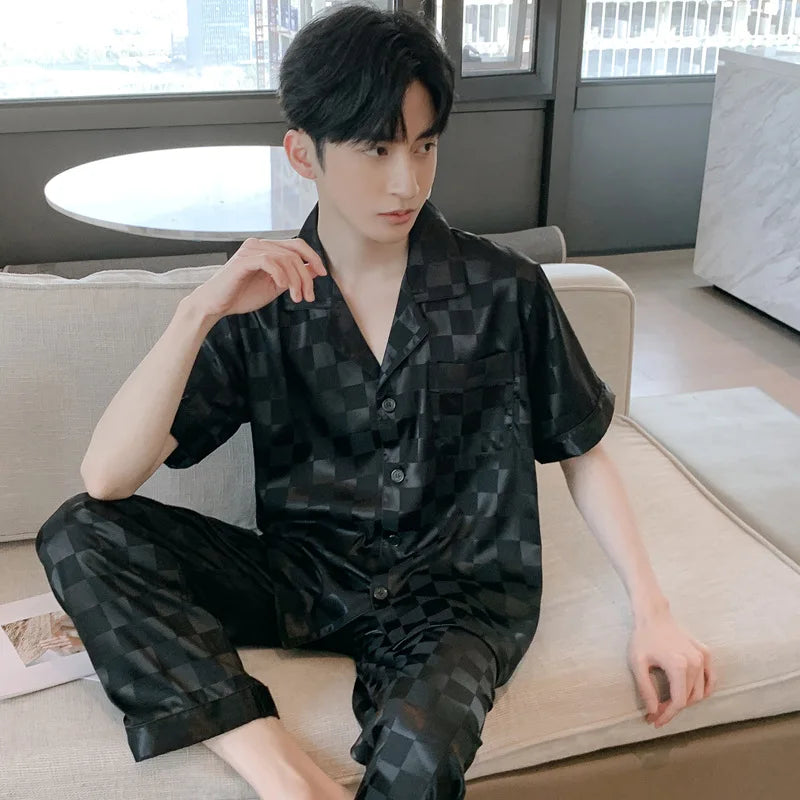White Striped Men Pajamas Suit Short Sleeved Long Pants Thin Ice Silk Sleepwear Summer Satin Silk Home Clothing Set Pyjamas Male