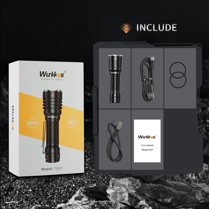 Wurkkos TS23 21700 Rechargeable Tactical Flashlight EDC 5000LM XHP70.3 HI LED Torch IPX-8 Waterproof Two Group Modes Tail Switch