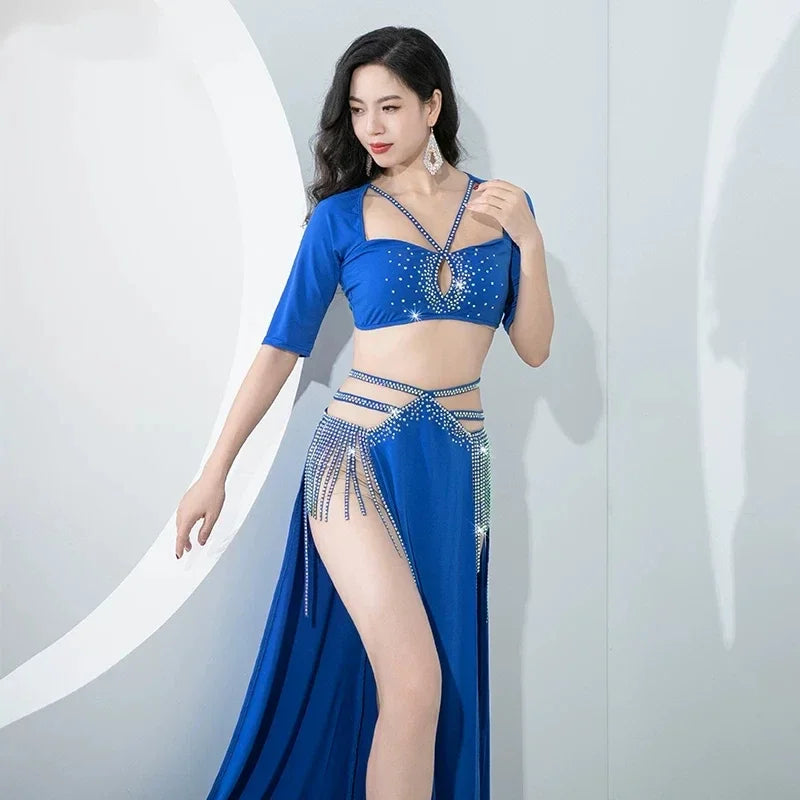 Women Girls Belly Dance Costume Set 2 Piece Half Sleeve Top Long Tassel Skirt Professional Bellydance Training Performance Wear