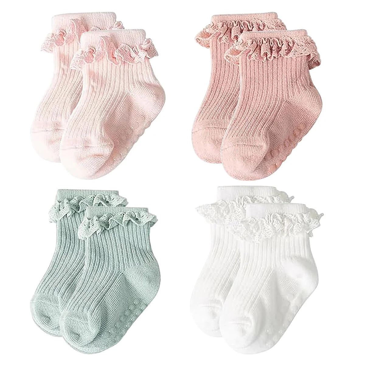 4 Pairs Princess Socks Set,Soft,Non-Slip Lace Ruffled & Plain Colors for Baby Toddlers 0-3 Years,Cute birthday Gift