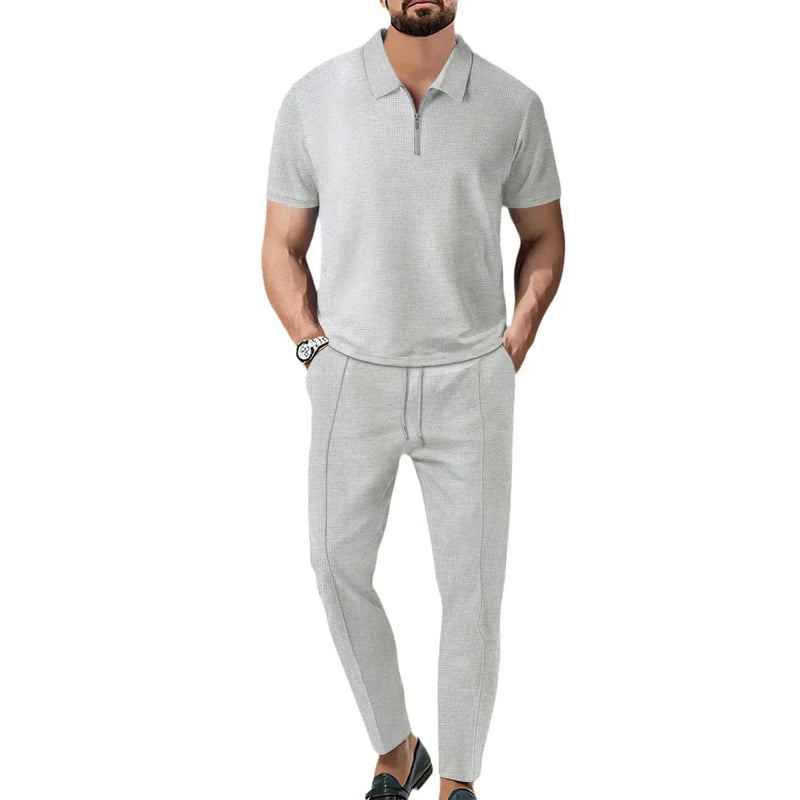 Autumn New European and American Men's Solid Color Leisure Suit Waffle Collar Short - sleeved Zipper Pants - View 2 | SAMAG