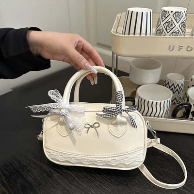 Zipper PU Leather Boston Handbag Lace Ribbon Bow | SAMAG