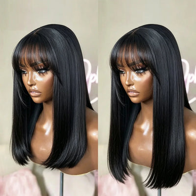 Straight Bob 100% Human Hair Wigs With Bangs 3X2 Middle Part Lace Wig 300 Density Natural Black Short Bob Fringe Wigs For Women