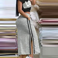 2025 Summer Two Piece Sets Women Outifit Fashion Print Colorblock O-Neck Short Sleeve Crop Top & Casual Striped Pocket Skirt Set