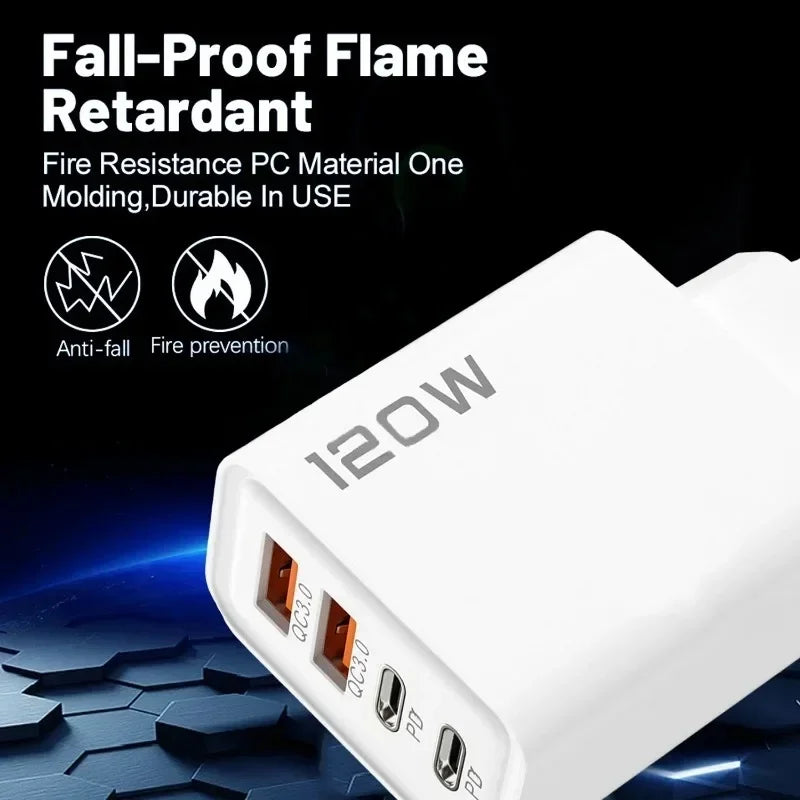 Quick Charge 3.0 Fast Charger Muti Total 120W 4 Port USB Type C PD Mobile Phone Wall Adapter for iPhone 16 Samsung S24 Xiaomi 15