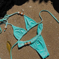 Sexy Velvet Lake Blue Beads Halter Tie Bikinis Sets Two | SAMAG