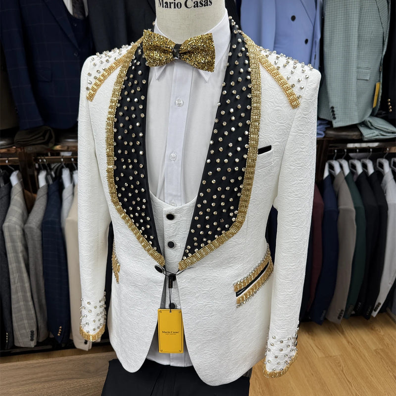 High End Beading Jacquard Men's Formal Suit Set, 3-Piece Paisley One Button Blazer Vest Pants Set, Luxury Costume Tuxedo Set