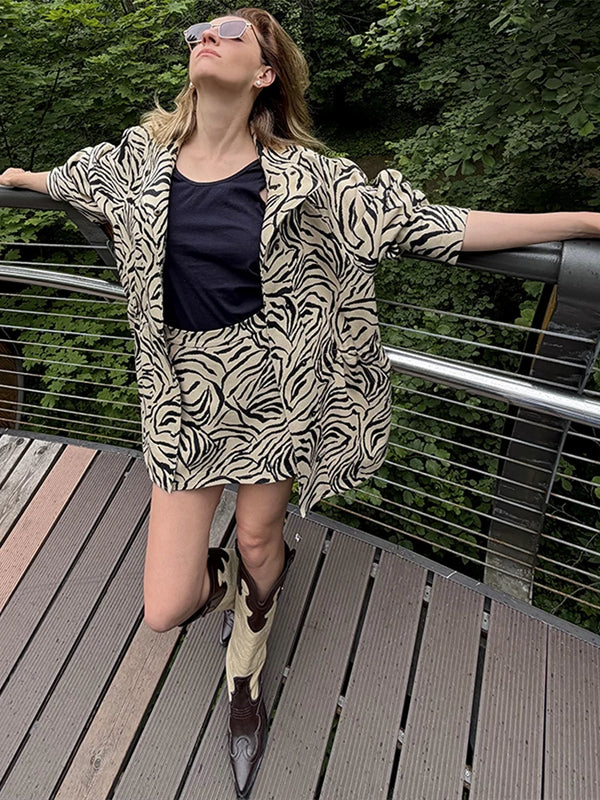 Women Zebra Print Two Piece Set Lapel Collar Elastic Waist Short Sleeve Coat Loose Shorts 2026 Spring Autumn Fashion Casual Suit