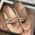 Women's Patent Leather Mary Jane Mules Buckle Bow Decor Slip on Flat Shoes Plaid Lining Casual Half Slippers Fashion Footwear
