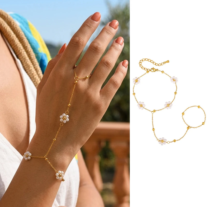 Bohemian Bead Slave Bracelet, 18K Gold Plated Stainless Steel, Waterproof Hand Chain Finger Ring Bracelet Jewelry for Women