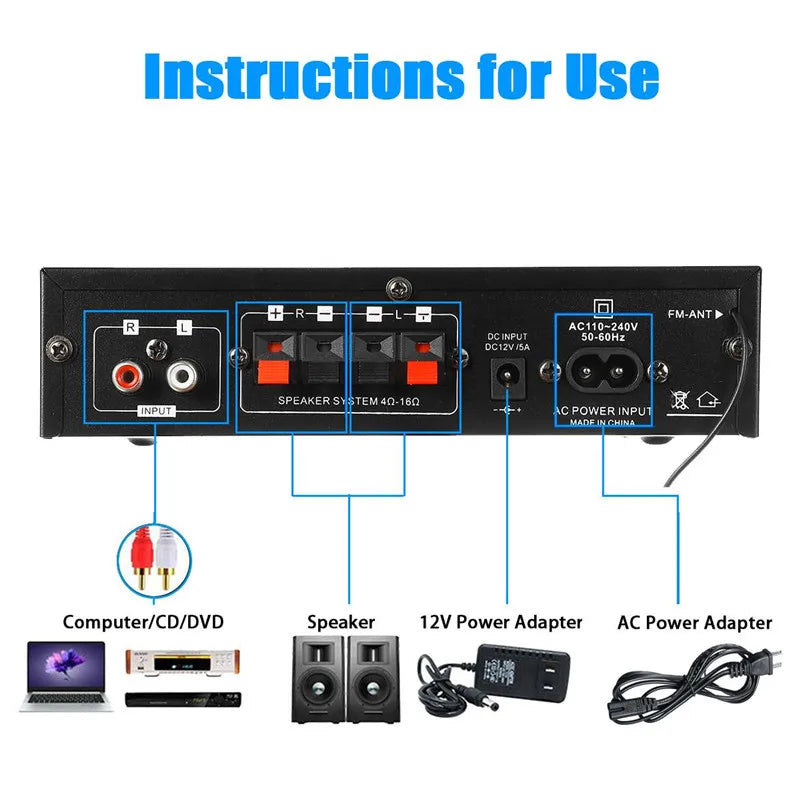 AK35/AV-660BT Audio Power Amplifiers 2 Channel Bluetooth-Compatible HIFI Sound Amplificador 110/220V Home Theater Sound System