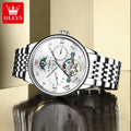 OLEVS 7009 Business Skeletonizing Mechanical Watch Gift Round-dial Genuine Watchband Wristwatch Week Display Calendar Men Watch