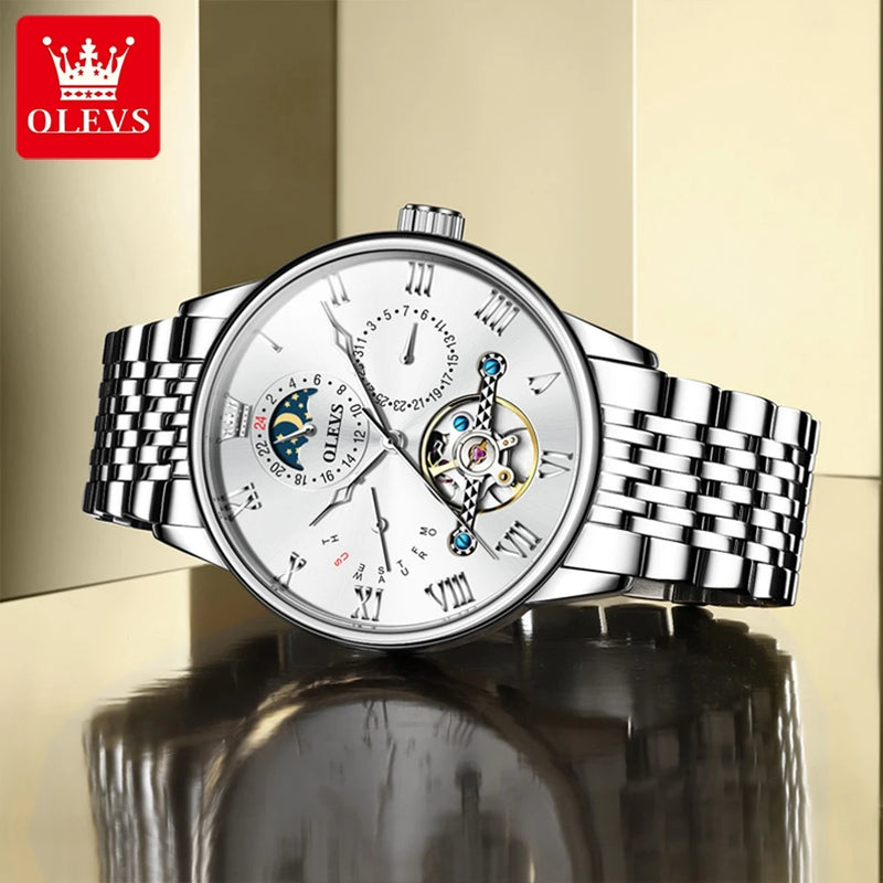 OLEVS 7009 Business Skeletonizing Mechanical Watch Gift Round-dial Genuine Watchband Wristwatch Week Display Calendar Men Watch