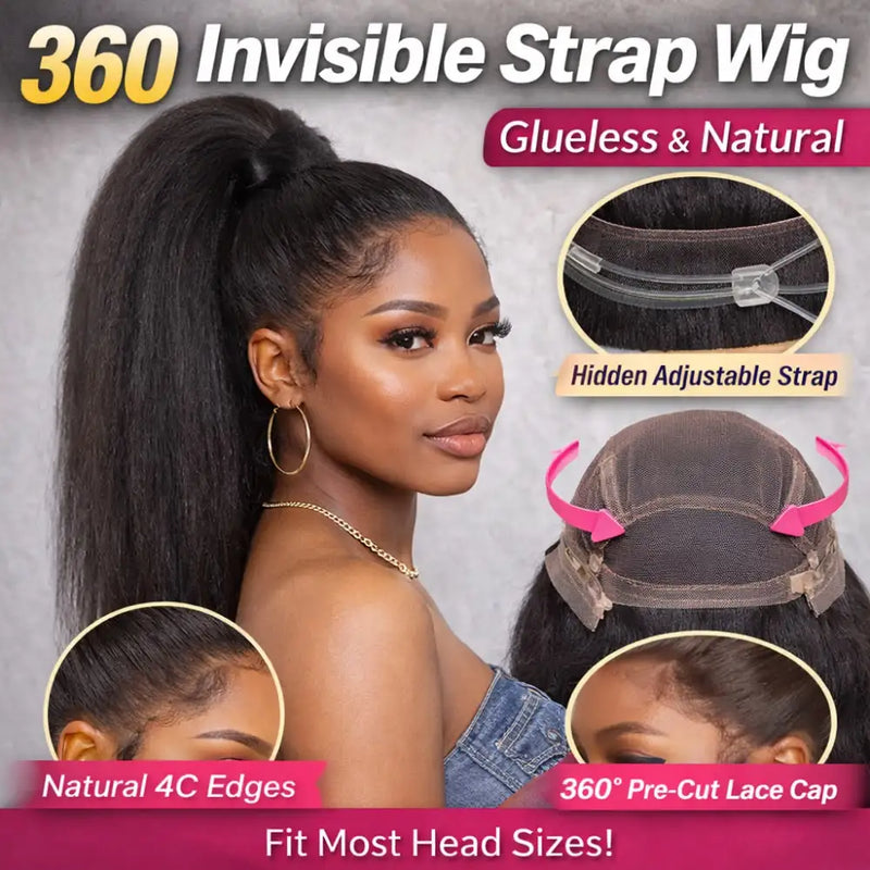 40 Inch Invisible Strap 360 Transparent Full Lace Glueless Wig Invisible Drawstring Wig Kinky Straight Ready To Wear HD Lace Front Human Hair Wigs Wear & Go