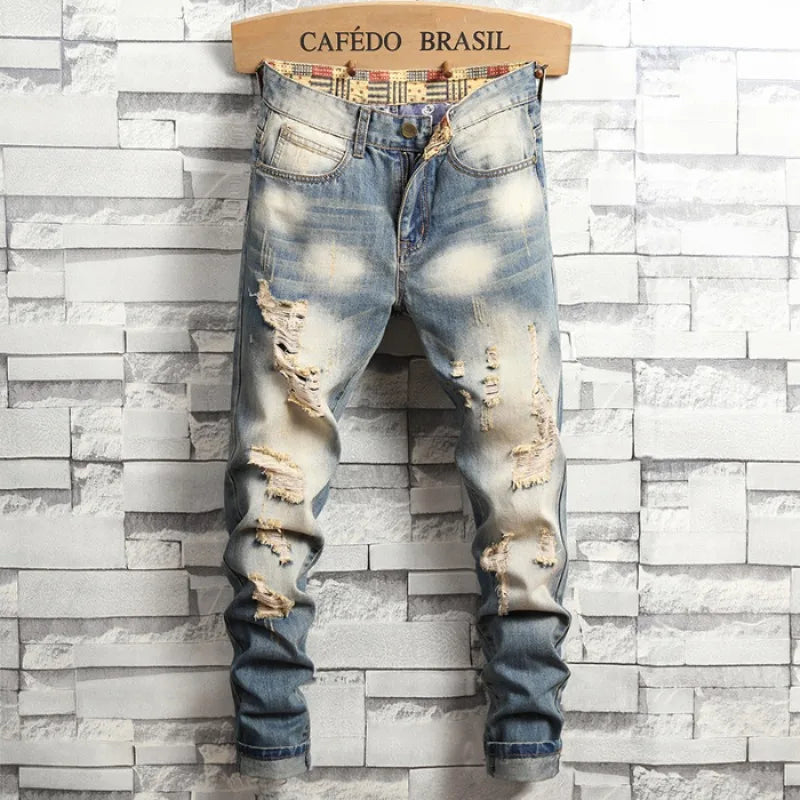 Distressed Ripped Jeans Men's Retro Blue Fashion Slim | SAMAG