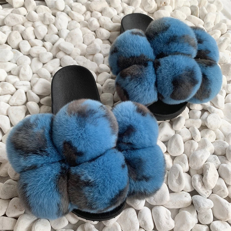 Fur Slides Factory Supply Mixed Color Pom Pom Six Balls Fox Fur Multi-Color Fluffy Fur Slippers For Women