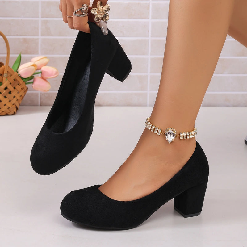 Spring and Autumn 2026 Plus Size High Heels Round Toe Low Heel Single Shoes Elegant Comfortable Square Heel Women's Shoes