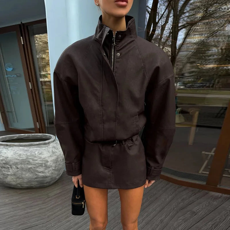 Vintage Suede Two Piece Set Stand Collar High Neck Zip Up Cropped Jacket High Waist Mini Skirt Women 2026 Autumn Retro Chic Suit