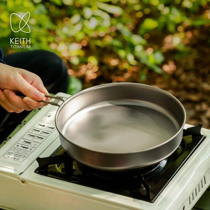 Keith 1000ml Titanium Fry Pan No Coating Folding Handle & Storage Bag  Portable Cookware for Hiking  Backpacking Camping