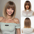 EASIHAIR Short Straight Bob Hair Synthetic Wigs for Women Brown Straight Natural Wigs with Eight Character Bangs Daily Cosplay