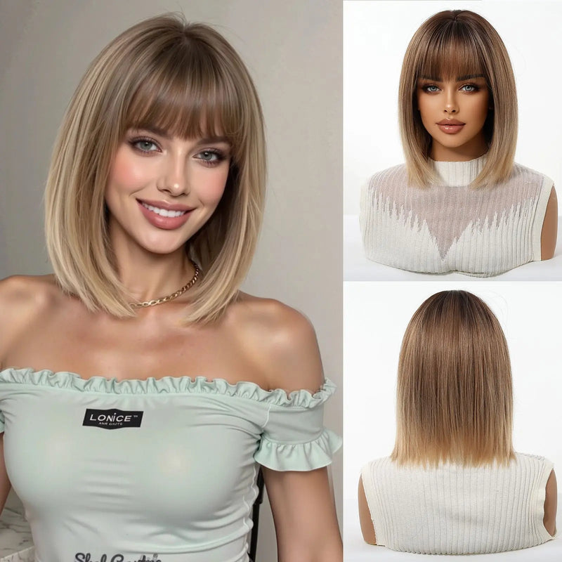 EASIHAIR Short Straight Bob Hair Synthetic Wigs for Women Brown Straight Natural Wigs with Eight Character Bangs Daily Cosplay